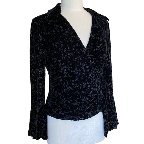 SilkLand Velvet Burnout Silk Wrap Top Floral Bell Sleeve Whimisgoth Dark Fairy-8 - Picture 8 of 15